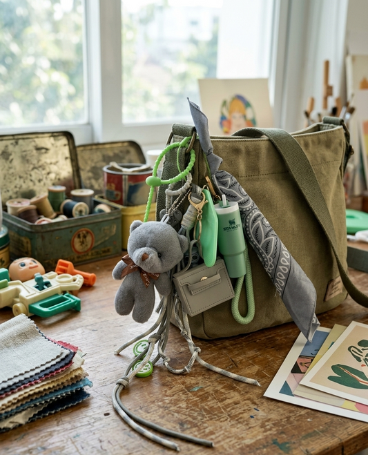Bijou de sac doux et mignon couleur gris et vert d'eau avec un nounours et une mini mug. Breloque et charms porte bonheur