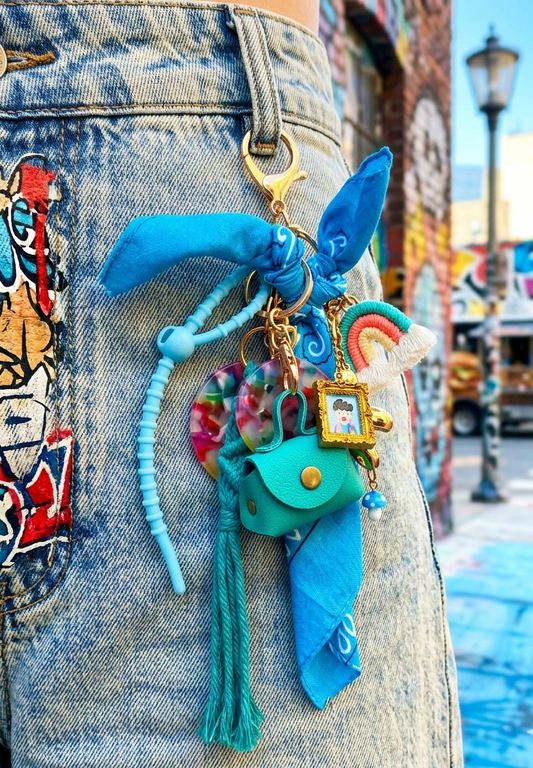 Gri-gri au nuance bleu bohème chic avec franges, charms et talismans protecteurs, fait main