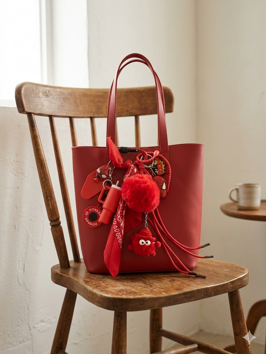 Accessoire porte bonheur de sac Pop et coloré rouge et pendentifs ludiques, inspiré des super héros
