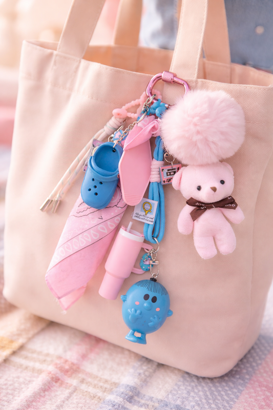 Accessoire de sac Pop et coloré avec figurine bleu et pendentifs ludiques rose, issu de la Tribu des monsieur&madame