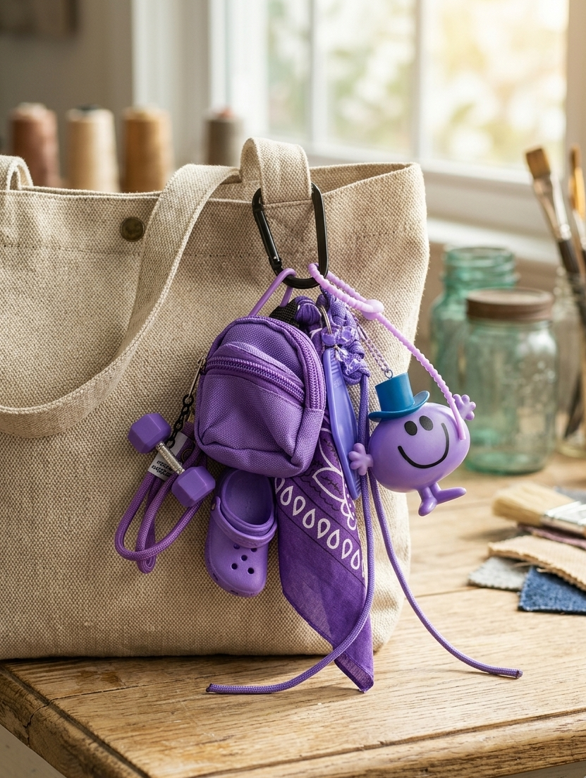 Accessoire de sac Pop culture et coloré avec breloques violette et pendentifs ludiques, issu de la Tribu des monsieur&madame