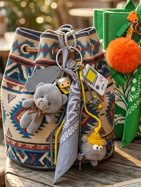 Accessoire de sac Pop et coloré avec pompon gris et jaune et pendentifs ludiques, issu de la Tribu gribouilles