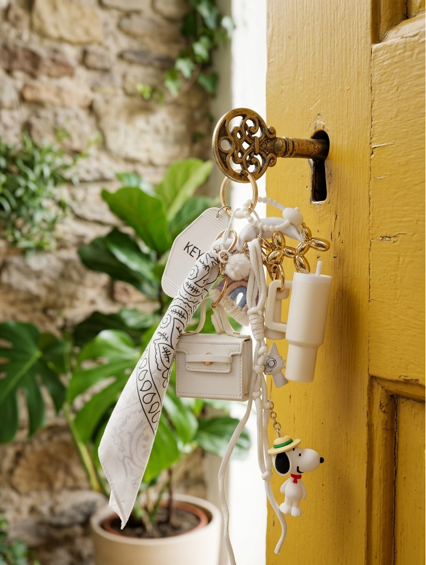 Accessoire de sac blanc et doré avec figurine et breloque doré 