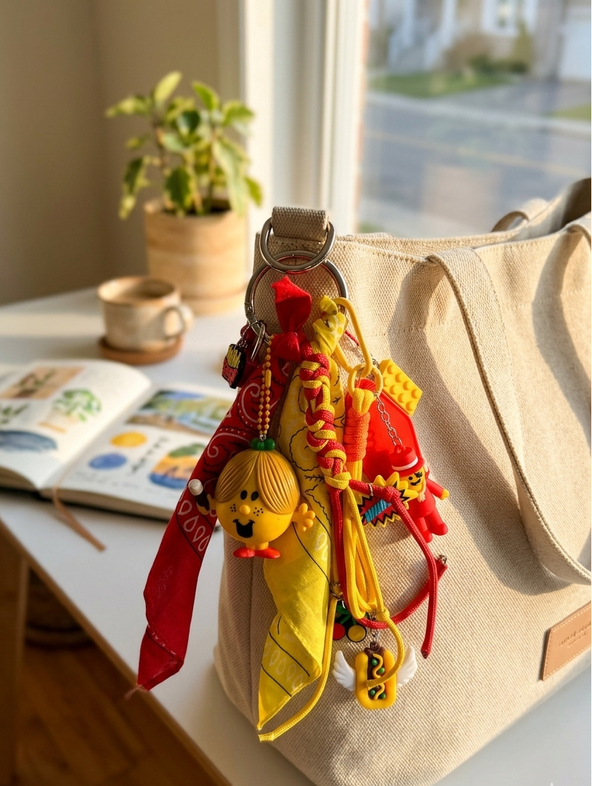 Bijou de sac couleur rouge et jaune inspiration pop culture et figurine upcyclée artisanale