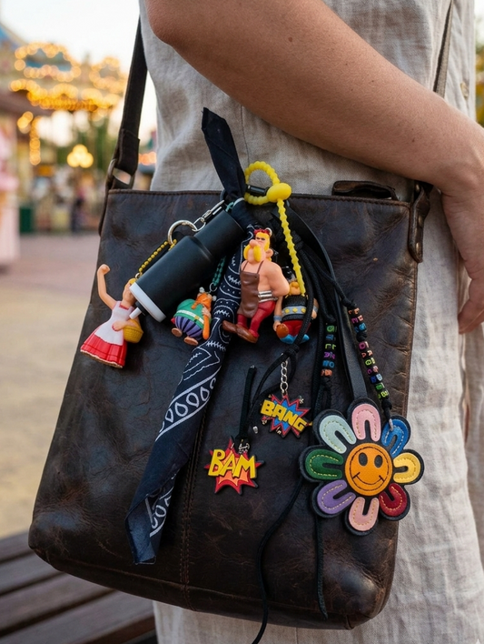 Bijou de sac artisanal les gaulois multi-couleurs , agrémenté d'un bandana noir et de figurines upcyclées, création Totem Pop