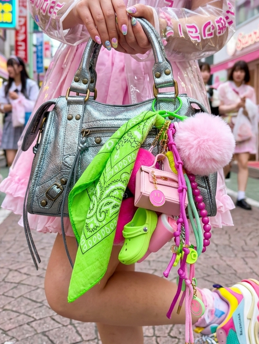 Porte bonheur Pom Candy, bijoux de sac rose et vert pomme avec breloque et charms. 