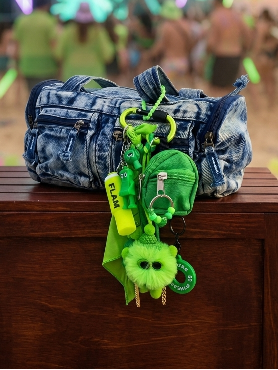 bijou de sac vert flashy amusant avec charms et éléments graphiques, création artisanale française Totem Pop