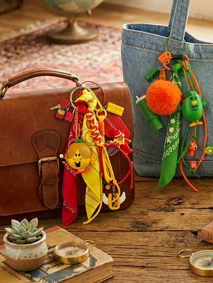 Bijou de sac couleur rouge et jaune inspiration pop culture et figurine upcyclée artisanale