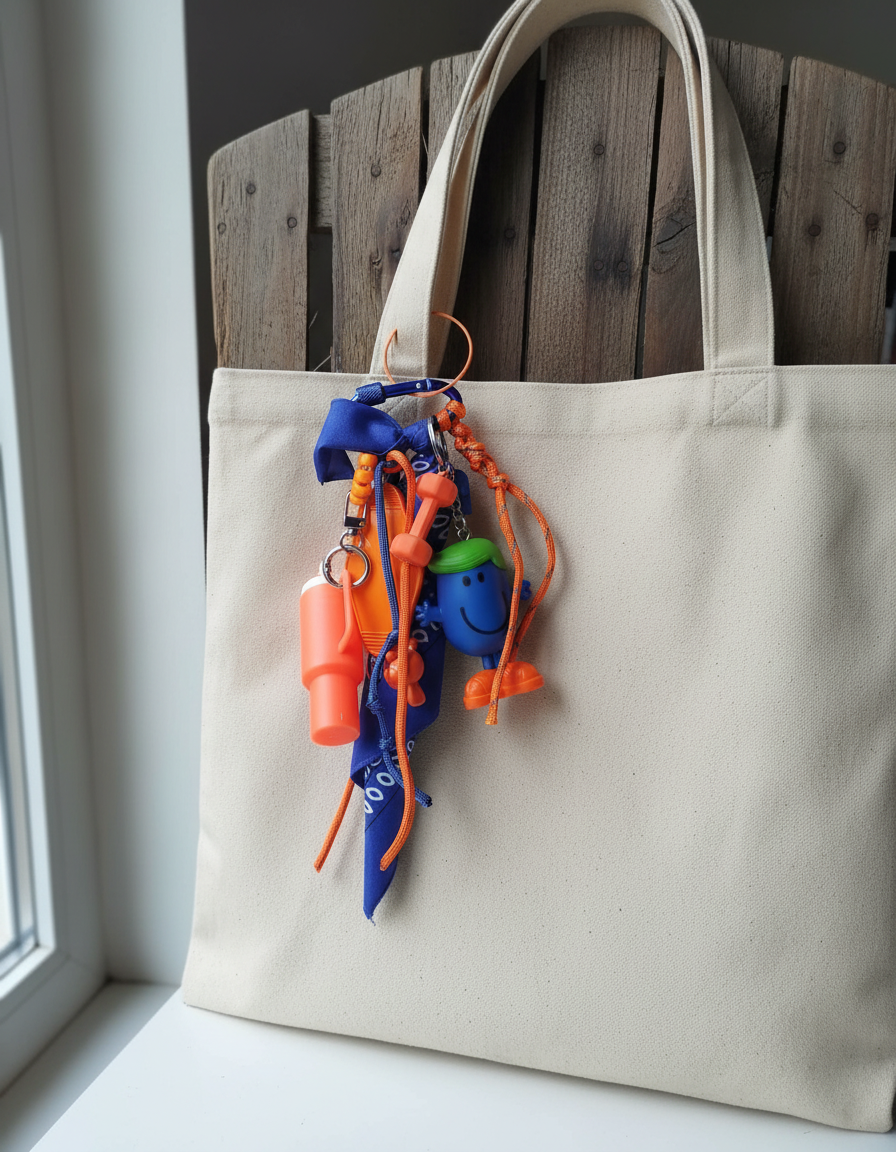 Accessoire de sac coloré tendance avec mousqueton robuste, charms modernes et bandana bleu. Cadeau porte bonheur