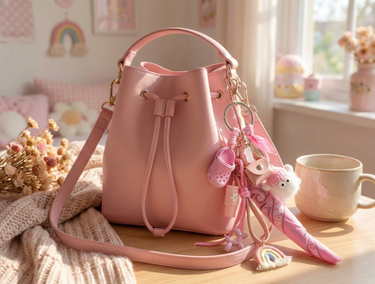 Bijou de sac thématique rose avec accessoires miniatures et harmonie de couleurs, Totem Pop.