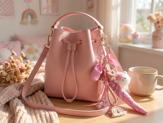 Bijou de sac thématique rose avec accessoires miniatures et harmonie de couleurs, Totem Pop.