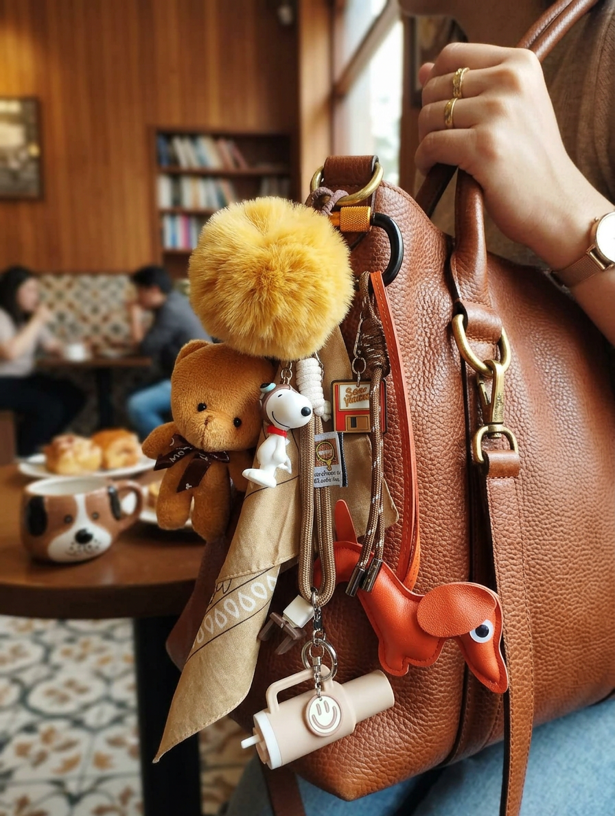 gri-gri porte bonheur sur sac cuir marron avec breloques vintage