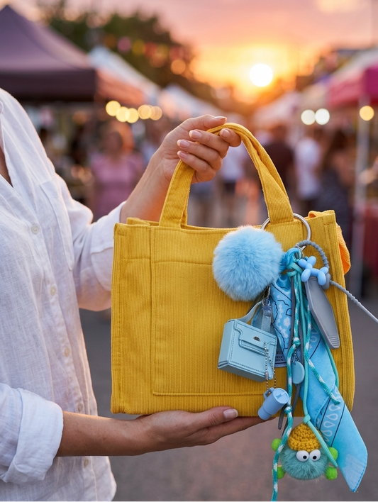 bijou de sac original avec petit monstre mignon, perles fantaisie et rubans texturés, fait main par Totem Pop