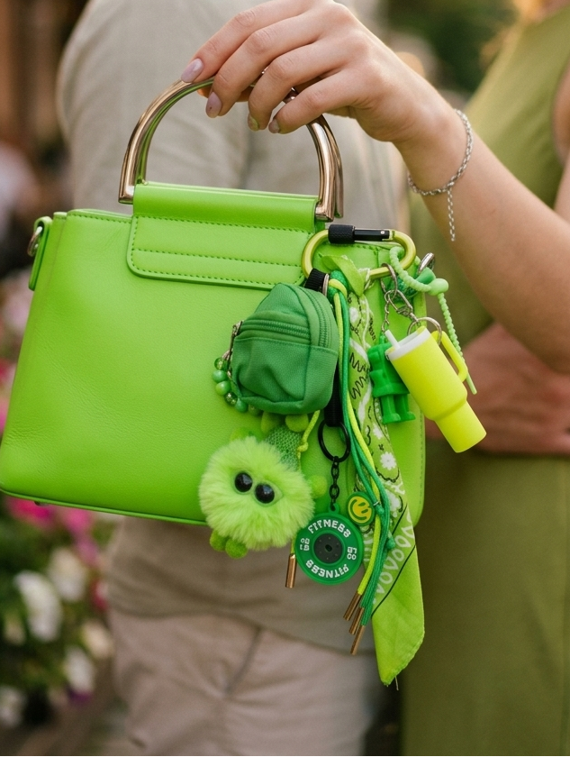 bijou de sac vert flashy amusant avec charms et éléments graphiques, création artisanale française Totem Pop