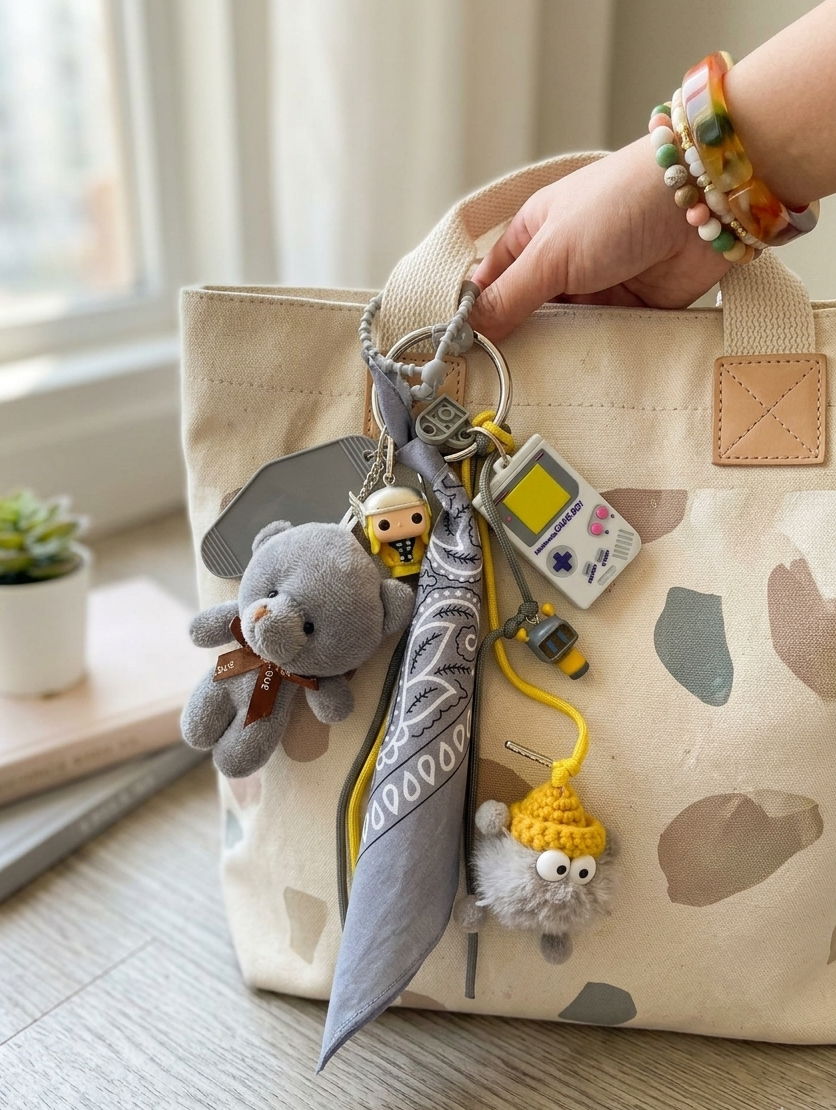 Accessoire de sac Pop et coloré avec pompon gris et jaune et pendentifs ludiques, issu de la Tribu gribouilles