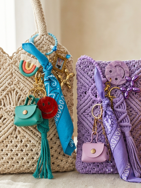 Gri-gri au nuance bleu bohème chic avec franges, charms et talismans protecteurs, fait main collection smile