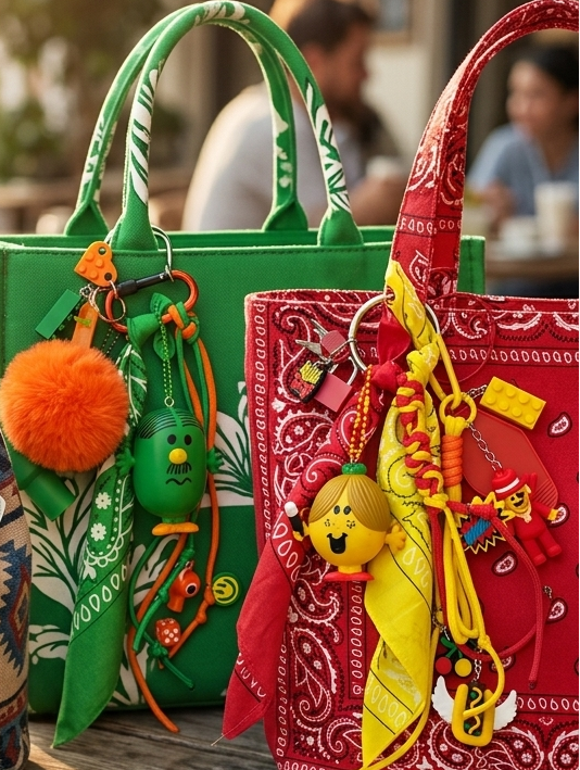 Bijou de sac couleur rouge et jaune inspiration pop culture et figurine upcyclée artisanale