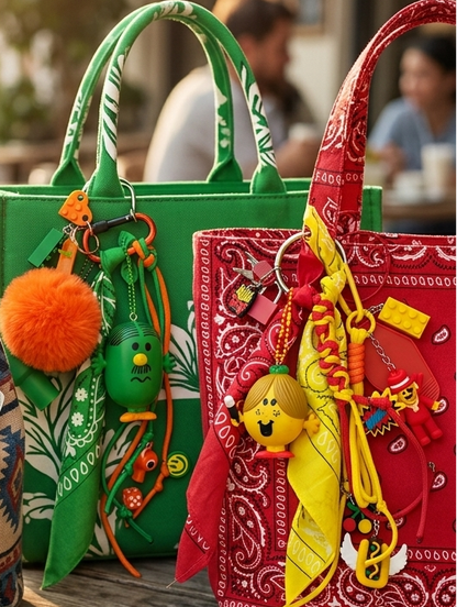 Bijou de sac couleur rouge et jaune inspiration pop culture et figurine upcyclée artisanale