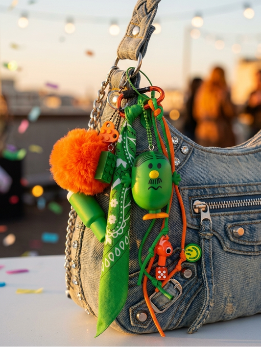 Accessoire de sac Pop et coloré vert orange avec figurine et pendentifs ludiques, issu de la Tribu monsieur&madame