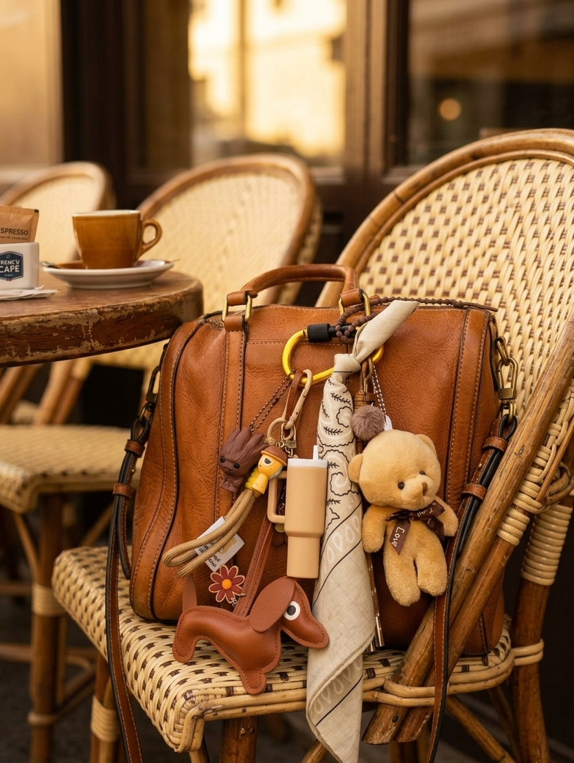 Porte-bonheur & Bijou de sac aux couleurs marron et beige avec figurine et breloques. gri-gri