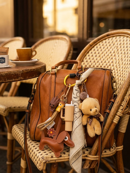 Porte-bonheur & Bijou de sac aux couleurs marron et beige avec figurine et breloques. gri-gri