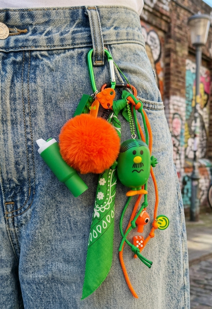 Accessoire de sac Pop et coloré vert orange avec figurine et pendentifs ludiques, issu de la Tribu monsieur&madame