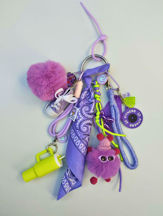 Gri-gri de sac violet et jaune amusant avec charms smileys et éléments graphiques, création artisanale française Totem Pop