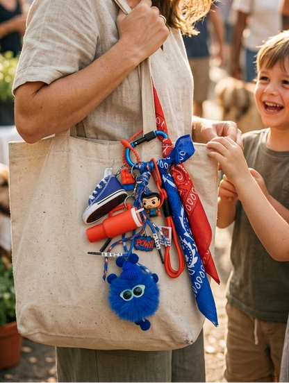 Porte-clés gri-gri totem contrasté rouge et bleu, assemblage de pièces et matières textiles, Totem Pop