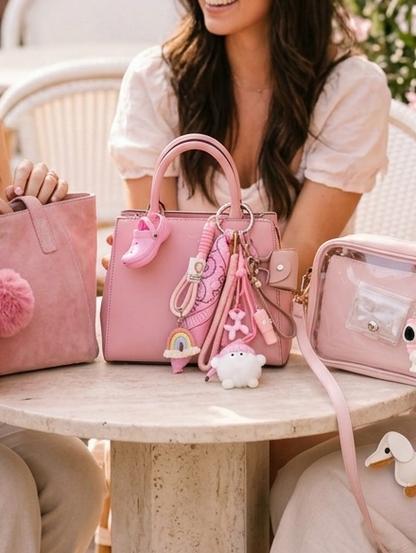 Bijou de sac thématique rose avec accessoires miniatures et harmonie de couleurs, Totem Pop.