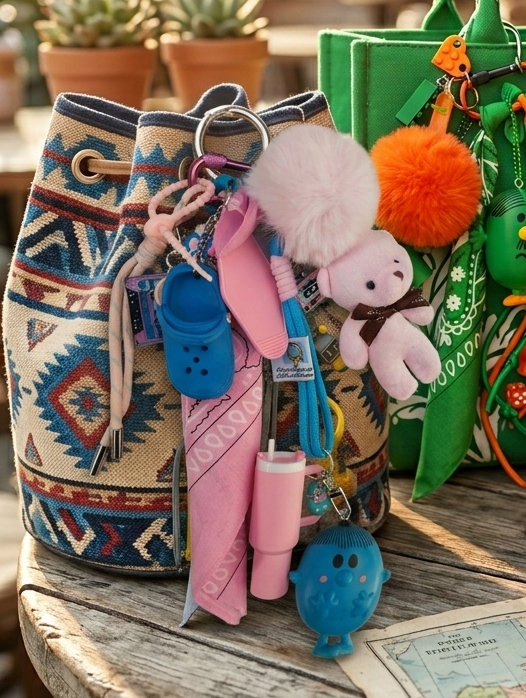 Accessoire de sac Pop et coloré avec figurine bleu et pendentifs ludiques rose, issu de la Tribu des monsieur&madame