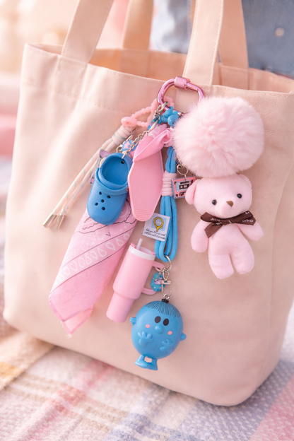 Accessoire de sac Pop et coloré avec figurine bleu et pendentifs ludiques rose, issu de la Tribu des monsieur&madame
