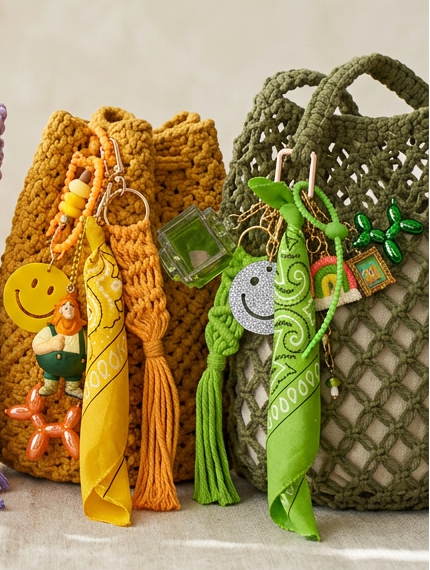 gri-gri porte bonheur Lulu Lucky de couleur vert avec sac smiley, macramé et breloque vintage. collection smile