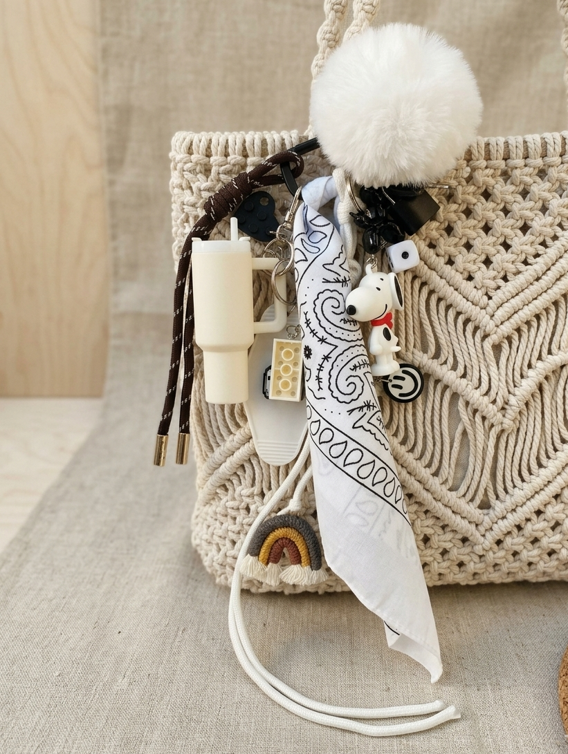 Bijou de sac noir et blanc porte bonheur avec charms et breloques. Parfait pour offrir en cadeau