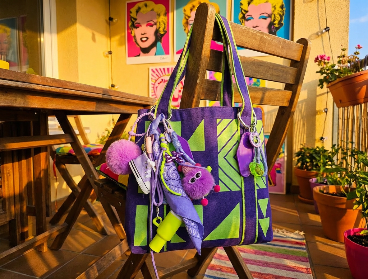 Gri-gri de sac violet et jaune amusant avec charms smileys et éléments graphiques, création artisanale française Totem Pop