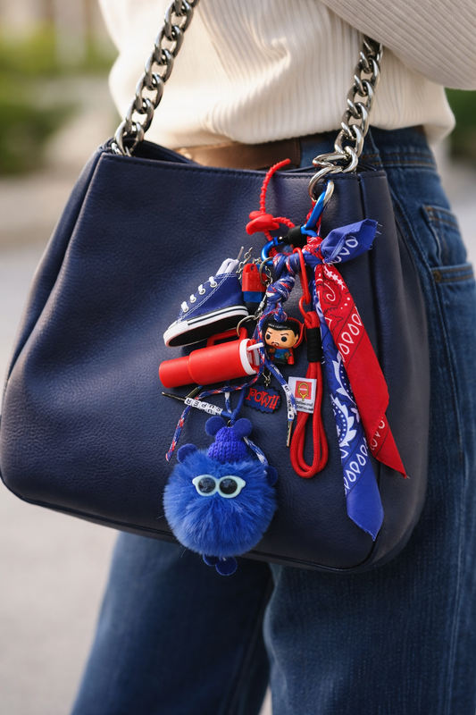 Porte-clés gri-gri totem contrasté rouge et bleu, assemblage de pièces et matières textiles, Totem Pop