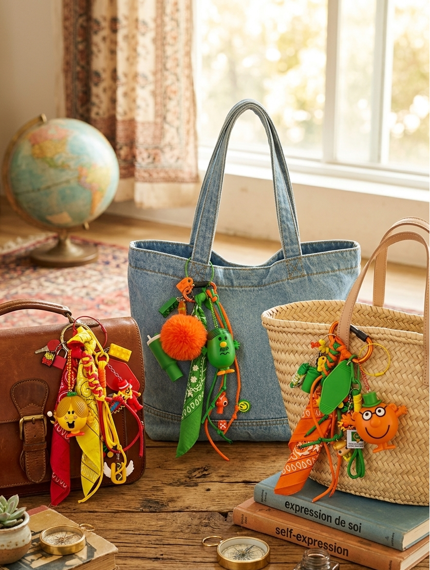 Accessoire de sac Pop et coloré vert orange avec figurine et pendentifs ludiques, issu de la Tribu monsieur&madame