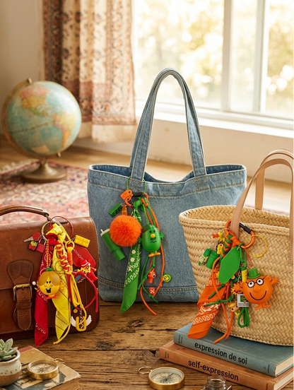 Accessoire de sac Pop et coloré vert orange avec figurine et pendentifs ludiques, issu de la Tribu monsieur&madame