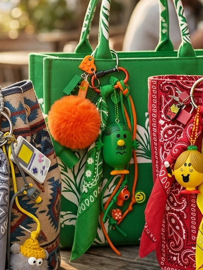 Accessoire de sac Pop et coloré vert orange avec figurine et pendentifs ludiques, issu de la Tribu monsieur&madame